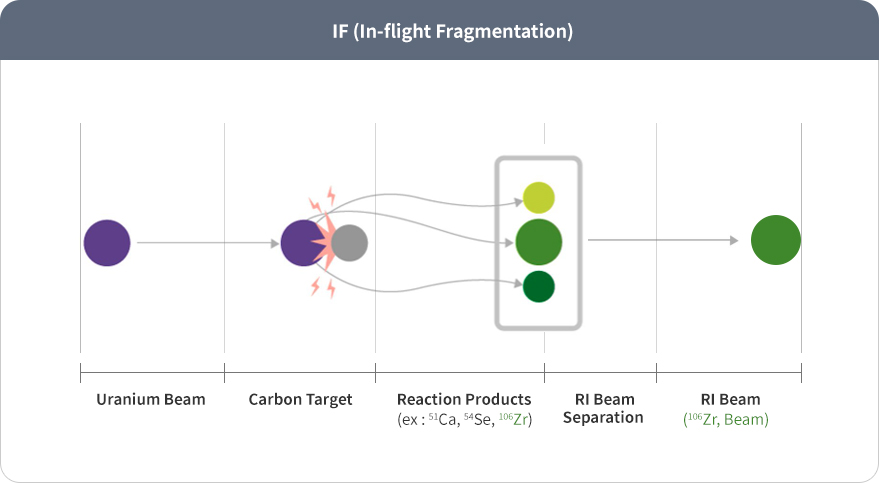 IF image Proton Beam → Carbon Target → Reaction Products → RI Beam Separation → RI Beam(106Zr Beam)(ex: 51Ca, 54Se, 106Zr)
